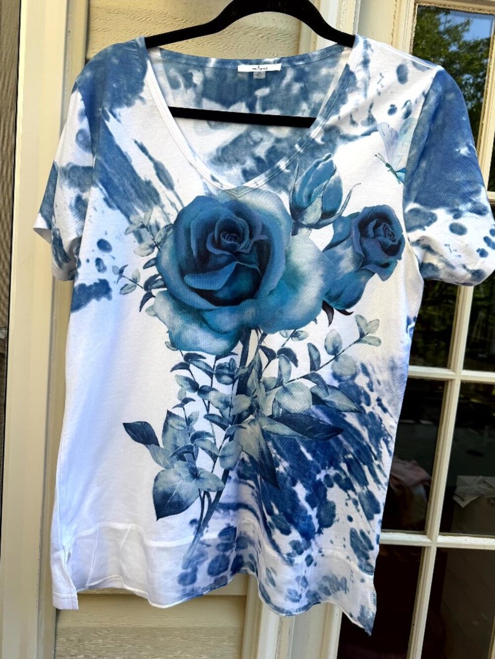 Milano Blue Rose Floral Watercolor Print Top / Tunic, Size M